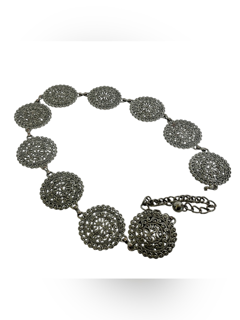 Vintage Silver Tone Filigree Concho Chain Belt
